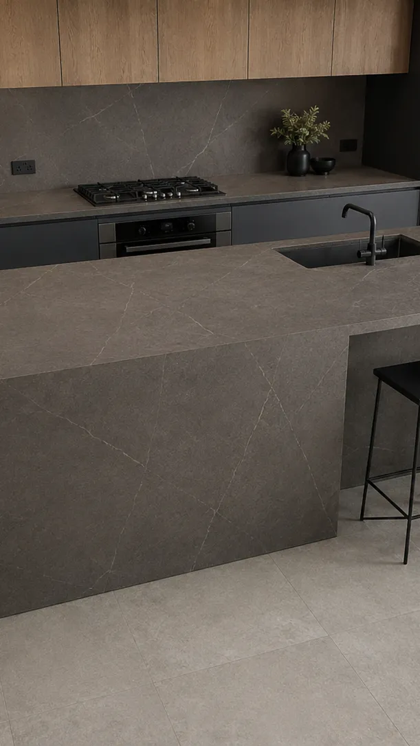 Isla de cocina oscura en Sinterium Armani Grey